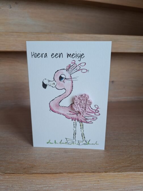 Kaartje Met Gehaakt Detail - Flamingo Hoera Een Meisje