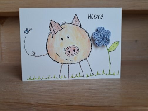Kaartje Met Gehaakt Detail - Varken Hoera
