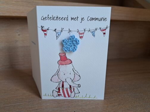 Kaartje Met Gehaakt Detail - Communie Olifant Rood