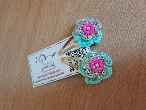 Haarspeldjes met gehaakt detail - Mintgroen-zilver-roze