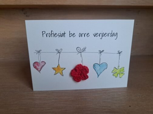 Kaartje Met Gehaakt Detail in Stevoorts Dialect - Verjaardag Hangertjes