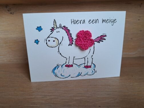 Kaartje Met Gehaakt Detail - Unicorn Hoera Een Meisje